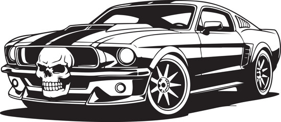 Classic American muscle car with skull grille in black and white classic car vintage car