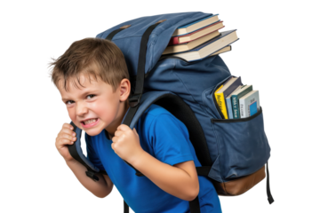 Young school boy struggling to carry a very heavy backpack full of books.
