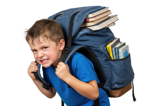 Young school boy struggling to carry a very heavy backpack full of books.