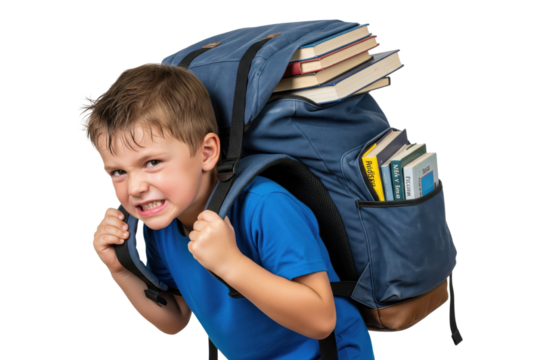 Young school boy struggling to carry a very heavy backpack full of books.