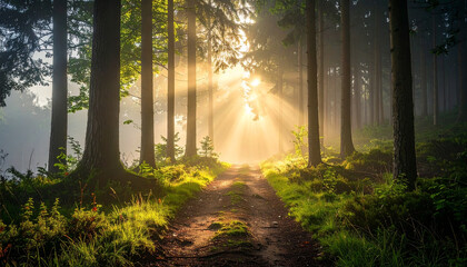 Sunlight streams through a misty forest, illuminating a winding path through lush green undergrowth.