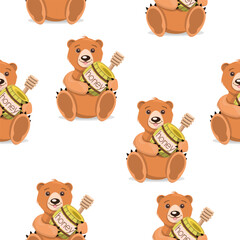 Seamless pattern of cartoon bears with barrels of honey on a white background.Vector pattern for children's bedding,clothes.