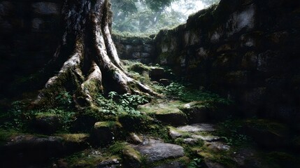 Fototapeta premium Ancient tree roots intertwine with a moss covered stone wall creating a mysterious and overgrown scene in a secluded forest