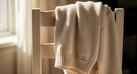 Close-up of a cozy, light-colored organic cotton knit sweater with "ORGANIC" tag, casually resting on a wooden chair.