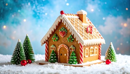 Festive gingerbread house on snowy backdrop with Christmas trees