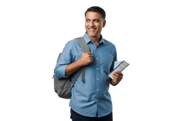 Happy middle-aged Indian man with a backpack holding flight tickets.