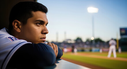 Young Latinx baseball player intently watches the game from the dugout bench, his gaze fixed on the unfolding action under stadium lights.