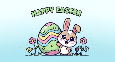 Adorable easter bunny and decorated egg for easter celebration card or poster design