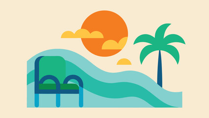 Obraz premium Minimalist Beach Scene with Green Chair and Palm Tree vacation summer