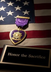 Purple heart medal on american flag, honoring military sacrifice with patriotic tribute for veteran memorial design