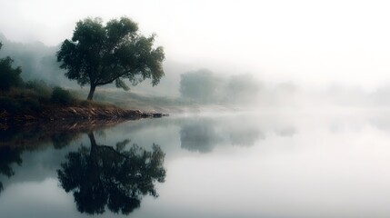 Fototapeta premium A solitary tree stands by a calm misty lake its perfect reflection mirroring the serene early morning landscape shrouded in soft fog