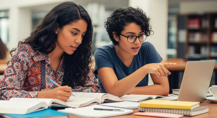 Two young Hispanic university students actively studying and collaborating with a laptop in a modern library setting in Latin America.