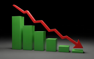 Green bar chart with a red downward trending arrow indicating financial loss
