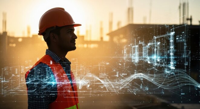Construction Engineer Wearing Safety Helmet Standing in Urban Construction Site with Digital Data Overlay
