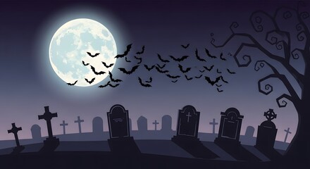 A spooky graveyard scene with bats flying under a bright full moon night