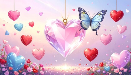 Romantic heart-shaped crystal with butterflies and hearts