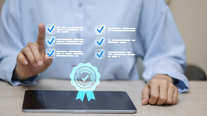 Digital Checklist Verification with Businessman Using Tablet and Approval Symbol
