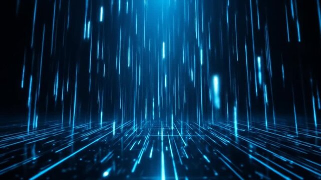 Falling light streaks, rain effect motion background. Dark blue neon digital data stream. 4k video