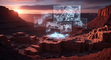 Futuristic Digital Cityscape Over Canyon at Sunset with Holographic Data Displays