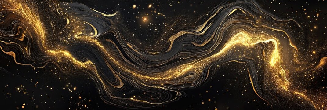 Gold background with golden waves and stars, golden glow effect, shiny gold lines, glittering effects