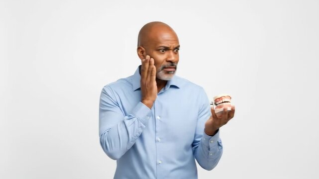 Distressed Man Contemplating Dentures for a Healthy Smile, Seeking Comfort: Dealing with Tooth Loss and Denture Discomfort