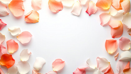 Soft pink, orange, and white rose petals forming a delicate border on a clean white background, perfect for romantic or celebratory designs.