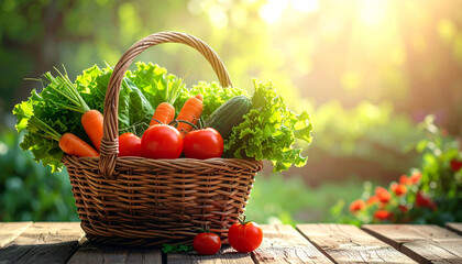 A rustic wicker basket overflowing with fresh, vibrant vegetables like lettuce, carrots, tomatoes, and cucumber, set on a wooden table outdoors under warm sunlight.