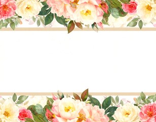 Floral border with pale pinks, cream, and peach roses, leaves, and subtle gold ribbon on a white background