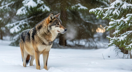 Fototapeta premium Captivating Portrait of a Eurasian Wolf Amidst Falling Snowflakes in a Serene Winter Forest Landscape