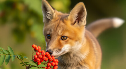 Fototapeta premium A Captivating Close-Up of a Young Red Fox Cub Intently Smelling Vibrant Rowan Berries in Late Summer in the UK