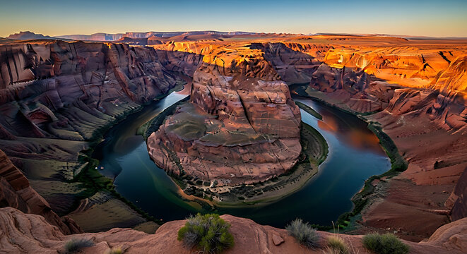 A stunning high-angle view captures the majestic horseshoe bend of a winding river as it carves its way through a rugged landscape.