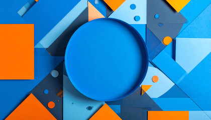Abstract geometric composition with a central blue circle surrounded by various blue, orange, and gray shapes, creating a modern layered design.