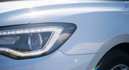 The car has a shiny white paint job and its headlights are on