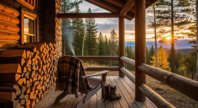 Warm golden light bathes a rustic log cabin porch with stacked firewood, a cozy chair, and boots, overlooking an autumn forest at sunset in Montana.
