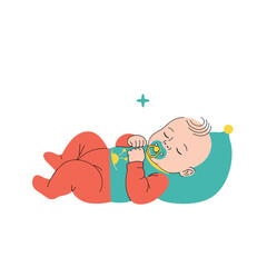 Adorable newborn baby sleeping peacefully with pacifier on a teal pillow