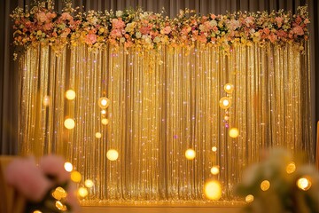 Gold tinsel foil and LED lights curtain backdrop for photo booth or party decoration