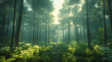 Fototapeta premium Sunlit Forest Path with Lush Greenery in Morning Mist