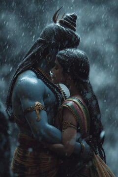 Shiva and Parvati embrace under a romantic rain shower, symbolizing divine love and connection