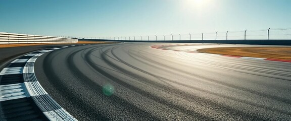 Asphalt racing track curves under bright sunlight, tire marks visible, sunlight, competition