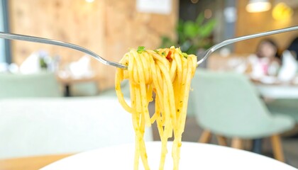 A forkful of spaghetti in a restaurant