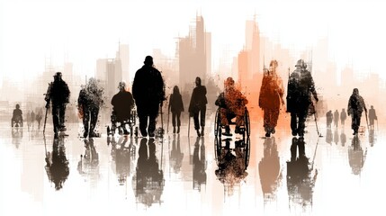 Group of diverse silhouettes with different abilities in urban abstract setting