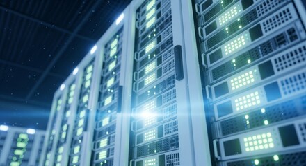 A row of computer servers with green lights on them