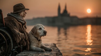 Person and dog sharing a peaceful sunset moment by a tranquil waterfront