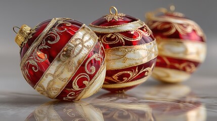 Three crimson red Christmas ornaments with gold patterns and ribbons, arranged diagonally with reflective surfaces creating subtle shadows, against a clean gray background