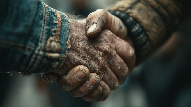 Two rugged hands firmly shaking in a display of solidarity and trust - Powered by Adobe