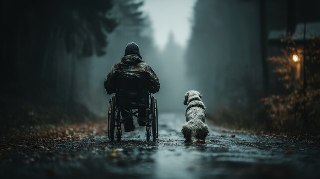 Man in wheelchair with dog on misty forest path by lamplight