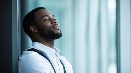 Positive office man stretching during break in modern workspace for enhanced productivity