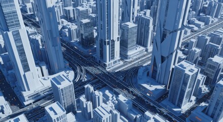 Futuristic Blue Cityscape with Skyscrapers and Elevated Roads in Modern Urban Environment