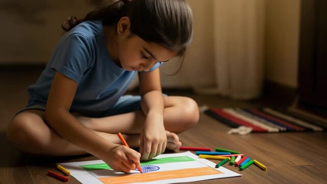 Girl creates Tiranga flag with crayons while sitting on floor in soft indoor lighting during an artistic moment