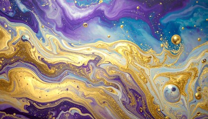 Abstract fluid art swirls in purple, gold, and blue